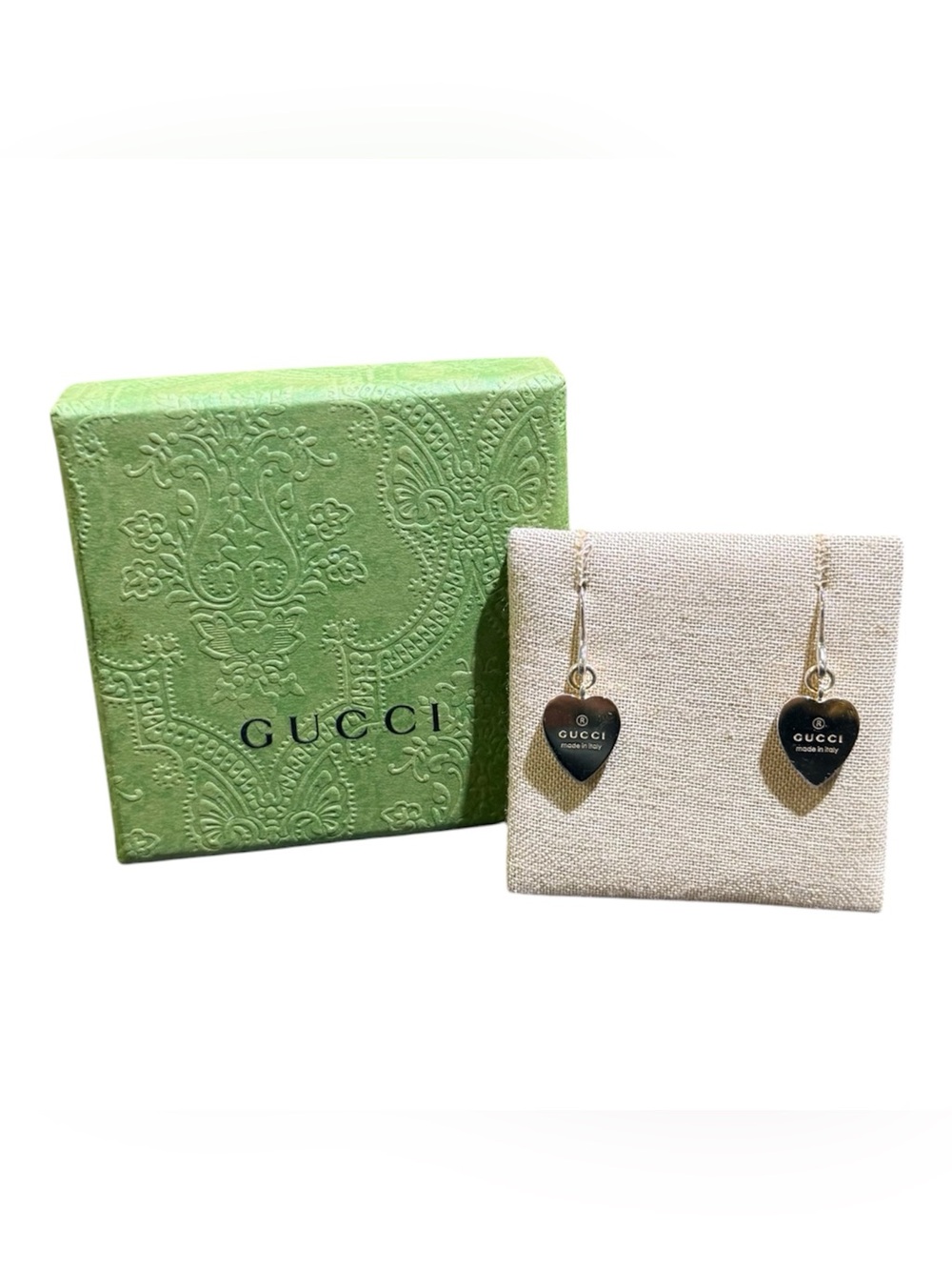 Gucci Silver Heart Drop Earrings with Green Gift Box